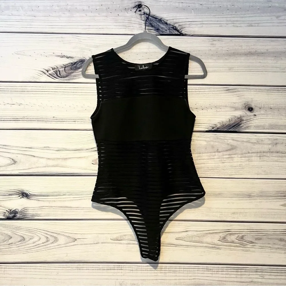 Lulus Read Between the Lines Black Mesh Striped Sleeveless Bodysuit